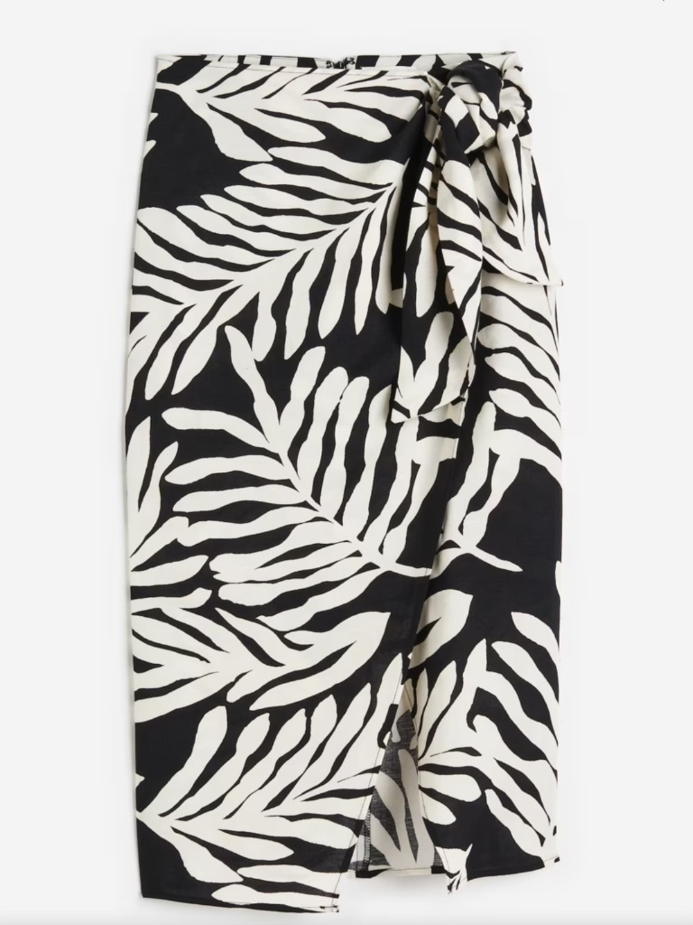 H&M Linen Blend Wrapover Black & White Leaf Print Tie-Waist Skirt Sz 8